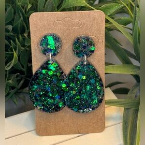 Peacock feather colored acrylic drop earrings handmade